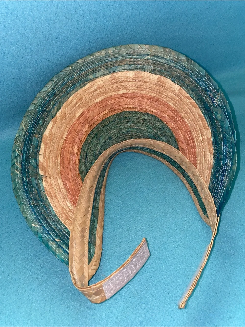 Handmade palm straw striped wide brim adjustable visor sun beach hat size OSFA